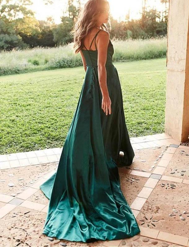 A-line Simple Satin Green Straps Long Prom Dresses with Split PSK190 - Pgmdress