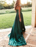 A-line Simple Satin Green Straps Long Prom Dresses with Split PSK190 - Pgmdress