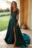 A-line Simple Satin Green Straps Long Prom Dresses with Split PSK190