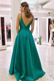 A-line Simple V Neck Teal Satin Long Prom Dresses with Pocket Backless PG939 - Pgmdress