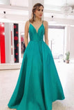 A-line Simple V Neck Teal Satin Long Prom Dresses with Pocket Backless PG939 - Pgmdress