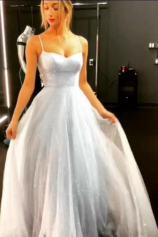 A-line Sky Blue Sparkly Backless Dress Floor Length Prom Dresses PSK074 - Pgmdress