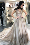 A-Line Sleeveless Beaded Silver Long Prom Dress Formal Dress PG850