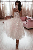 A Line Spaghetti Strap Tea Length Pearl Pink Homecoming Dress With Beading   PD349