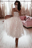 A Line Spaghetti Strap Tea Length Pearl Pink Homecoming Dress With Beading PD349 - Pgmdress