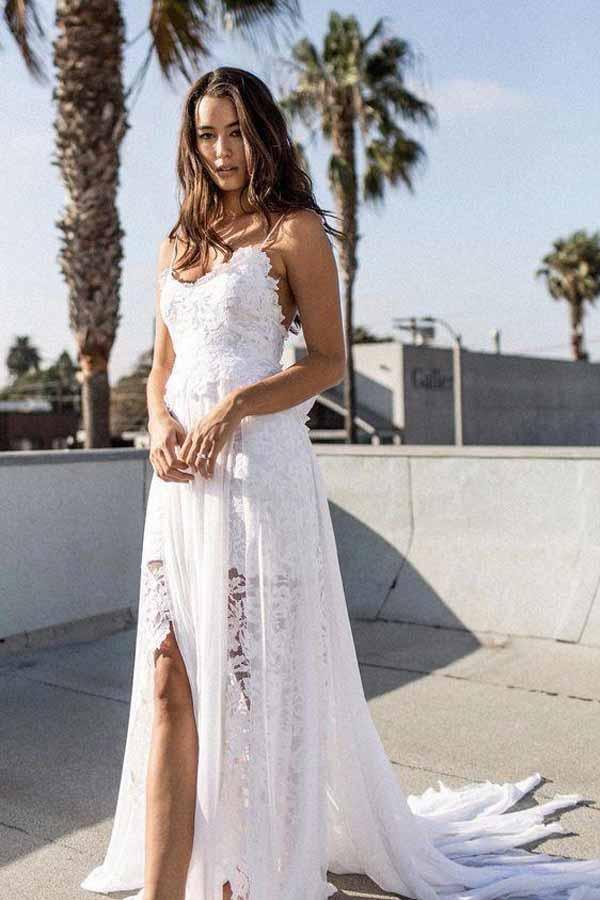 Spaghetti Long A-line Lace Chiffon Beach Wedding Dresses Spaghetti Long A-line Lace Chiffon Beach Wedding Dresses