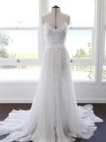 A-line Spaghetti Strap White Lace Chiffon Beach Wedding Bridal Dresses WD290 - Pgmdress