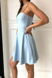 A-Line Spaghetti Straps Above-Knee Light Blue Satin Homecoming Dress PD390 - Pgmdress