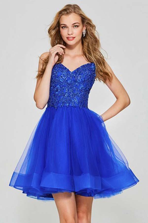 A-Line Spaghetti Straps Appliques Beading Tulle Short Homecoming Dress PD045 - Pgmdress