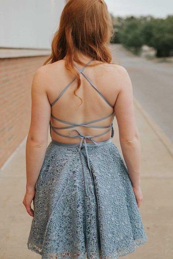 Spaghetti Straps Backless Above-Knee Blue Lace Homecoming Dress US14 / As Picture Spaghetti Straps Backless Above-Knee Blue Lace Homecoming Dress US14 / As Picture