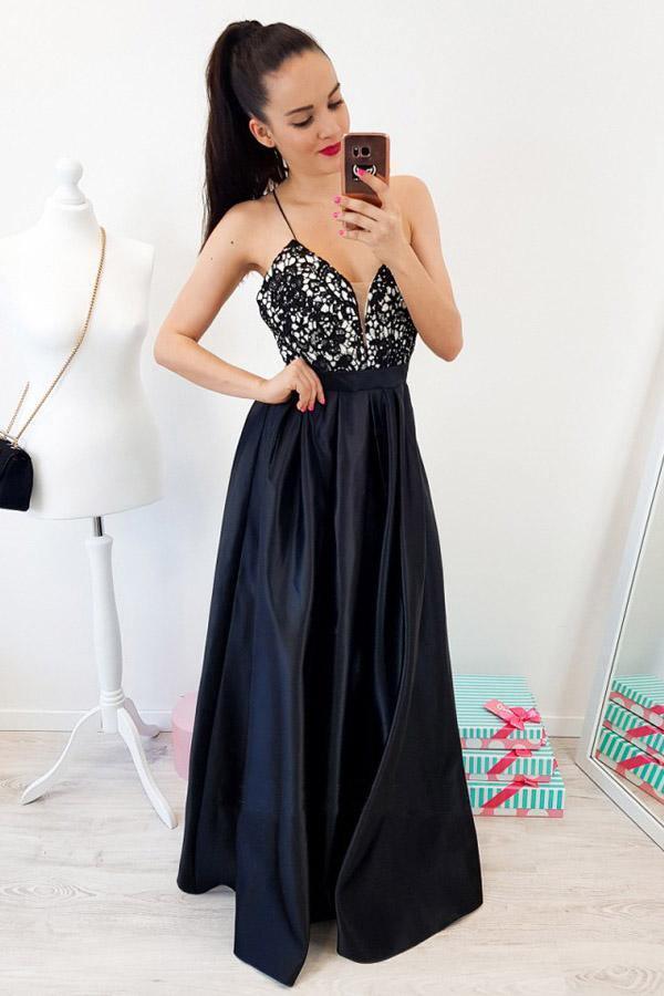 A-Line Spaghetti Straps Backless Floor-Length Black Prom Dress PSK040-Pgmdress