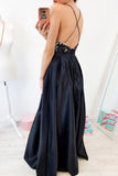 A-Line Spaghetti Straps Backless Floor-Length Black Prom Dress with Lace PSK040 - Pgmdress