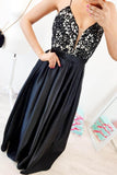 A-Line Spaghetti Straps Backless Floor-Length Black Prom Dress with Lace PSK040 - Pgmdress