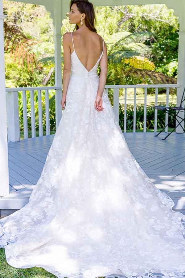 A-Line Spaghetti Straps Backless Long Lace Wedding Dress WD267 - Pgmdress
