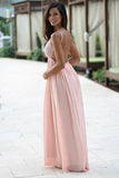 A-Line Spaghetti Straps Backless Pink Chiffon Prom Dress with Lace PG410 - Pgmdress
