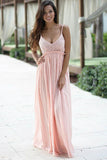 A-Line Spaghetti Straps Backless Pink Chiffon Prom Dress with Lace PG410 - Pgmdress