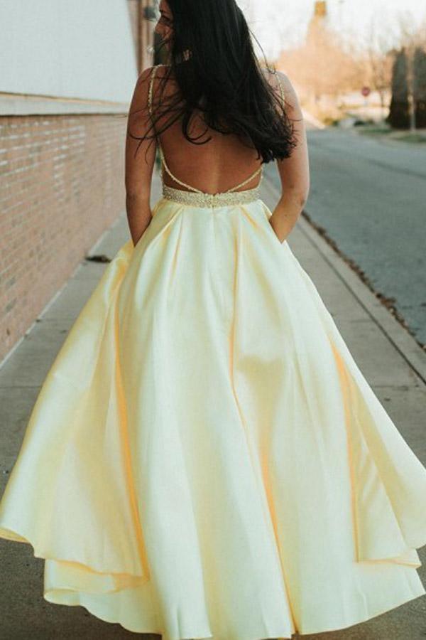 A Line Spaghetti Straps Backless Yellow Prom Dress With Beading PSK145 - Pgmdress