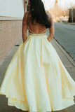 A Line Spaghetti Straps Backless Yellow Prom Dress With Beading PSK145 - Pgmdress