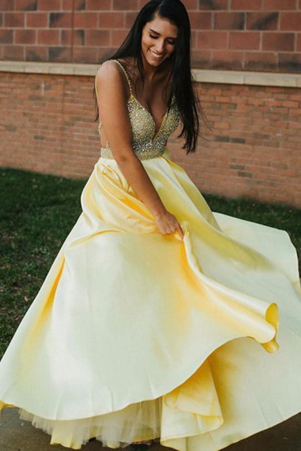 A Line Spaghetti Straps Backless Yellow Prom Dress With Beading PSK145 - Pgmdress