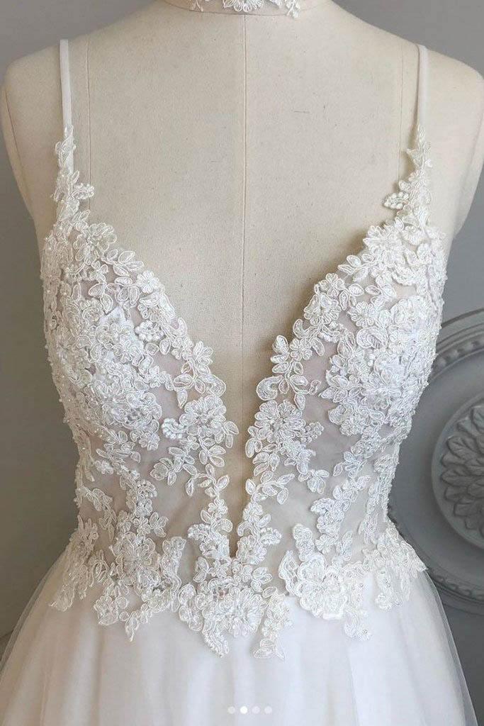 A Line Spaghetti Straps Beach Wedding Dresses Lace Wedding Gowns – Pgmdress