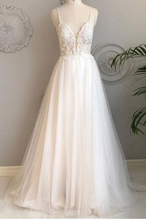 A Line Spaghetti Straps Beach Wedding Dresses Lace Wedding Gowns WD453 - Pgmdress