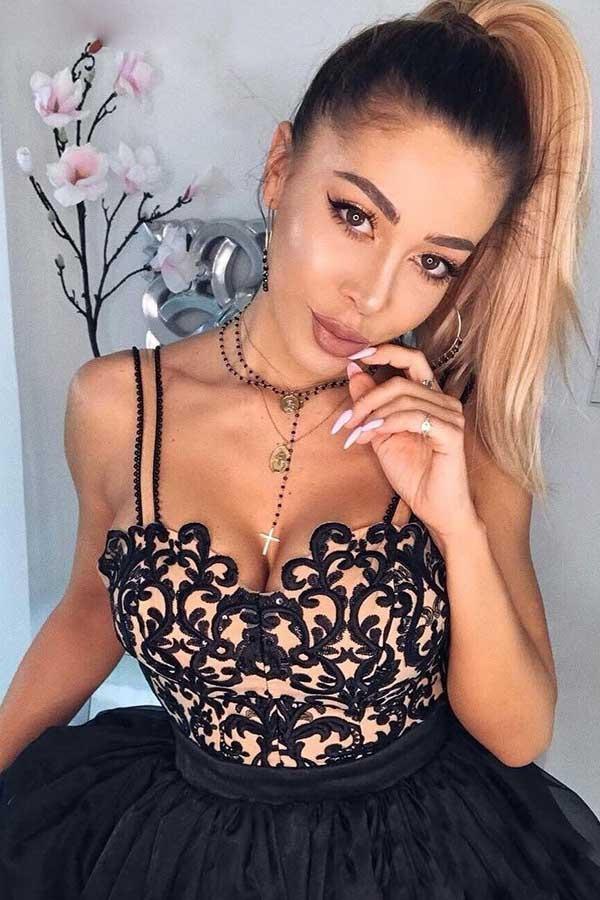 A-Line Spaghetti Straps Black Chiffon Homecoming Dress with Appliques Custom Size / As Picture A-Line Spaghetti Straps Black Chiffon Homecoming Dress with Appliques Custom Size / As Picture