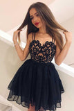 A-Line Spaghetti Straps Black Chiffon Homecoming Dress with Appliques PD068 - Pgmdress