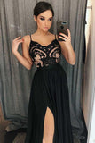 A-Line Spaghetti Straps Black Satin Prom Dress with Lace Split PG669 - Pgmdress