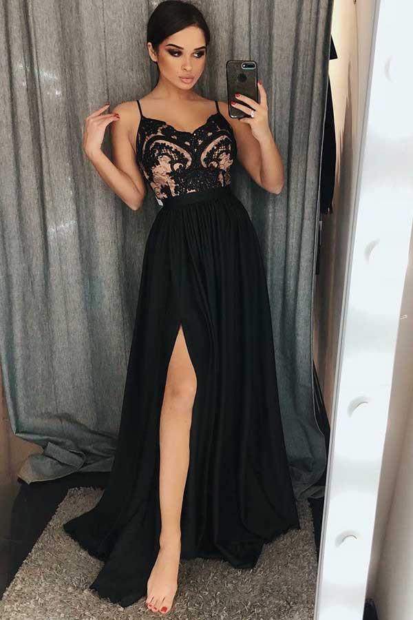 A-Line Spaghetti Straps Black Satin Prom Dress with Lace Split PG669 - Pgmdress