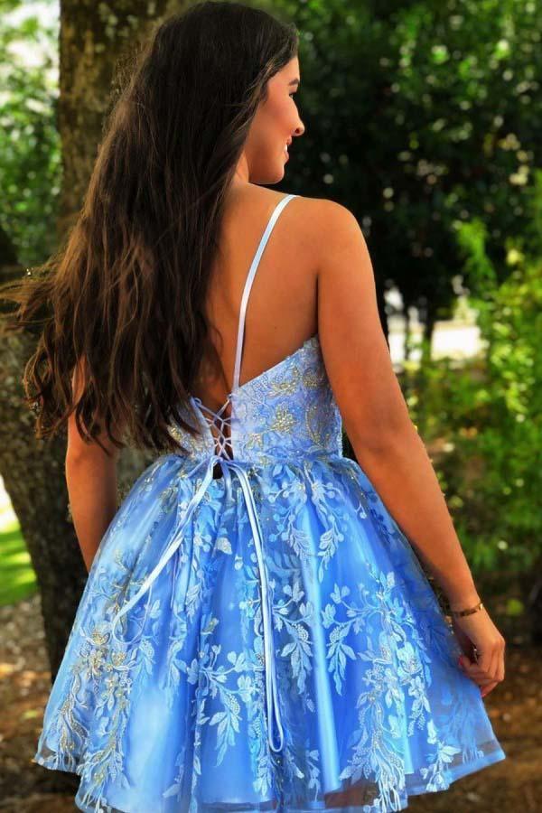 A Line Spaghetti Straps Blue Criss-Cross Homecoming Dress With Appliques PD375 - Pgmdress
