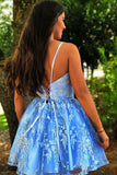 A Line Spaghetti Straps Blue Criss-Cross Homecoming Dress With Appliques PD375 - Pgmdress