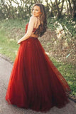 A-Line Spaghetti Straps Burgundy Prom Party Dress with Appliques Beading PG779 - Pgmdress