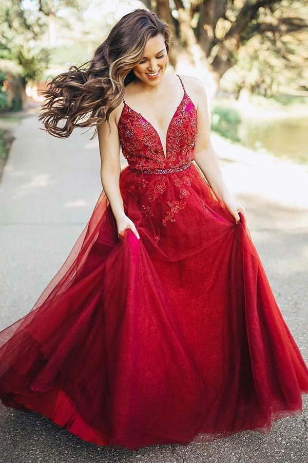 A-Line Spaghetti Straps Burgundy Prom Party Dress with Appliques Beading PG779 - Pgmdress