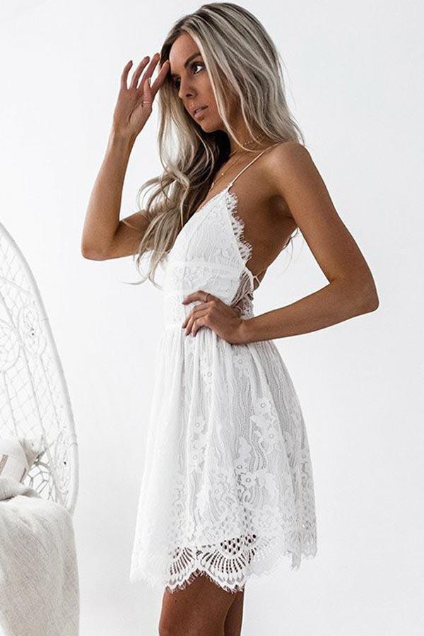 A-Line Spaghetti Straps Criss-Cross Straps White Lace Homecoming Dress ...