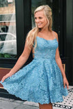 A Line Spaghetti Straps Cross Back Blue Lace Short Prom Dresses PD259 - Pgmdress