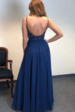 A-line Spaghetti Straps Dark Navy Long Prom Dresses Beaded Evening Dress PSK122 - Pgmdress