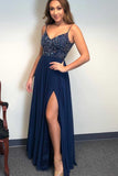 A-line Spaghetti Straps Dark Navy Long Prom Dresses Beaded Evening Dress PSK122 - Pgmdress