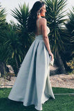 A-Line Spaghetti Straps Floor-Length Grey Satin Backless Prom Dress PG564 - Pgmdress