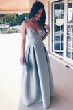 A-Line Spaghetti Straps Floor-Length Grey Satin Backless Prom Dress  PG564