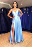 A-Line Spaghetti Straps Floor-Length Light Blue Prom Dress with Split  PG980