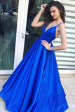 A-Line Spaghetti Straps Floor-Length Royal Blue Satin Prom Dress PG604