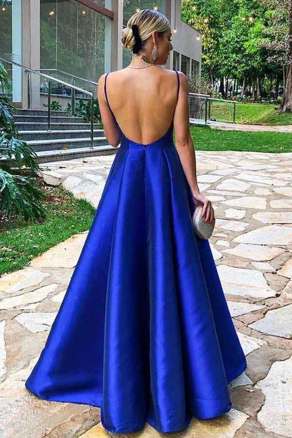 A-Line Spaghetti Straps Floor Length Royal Blue Satin Prom Dress PG740 - Pgmdress