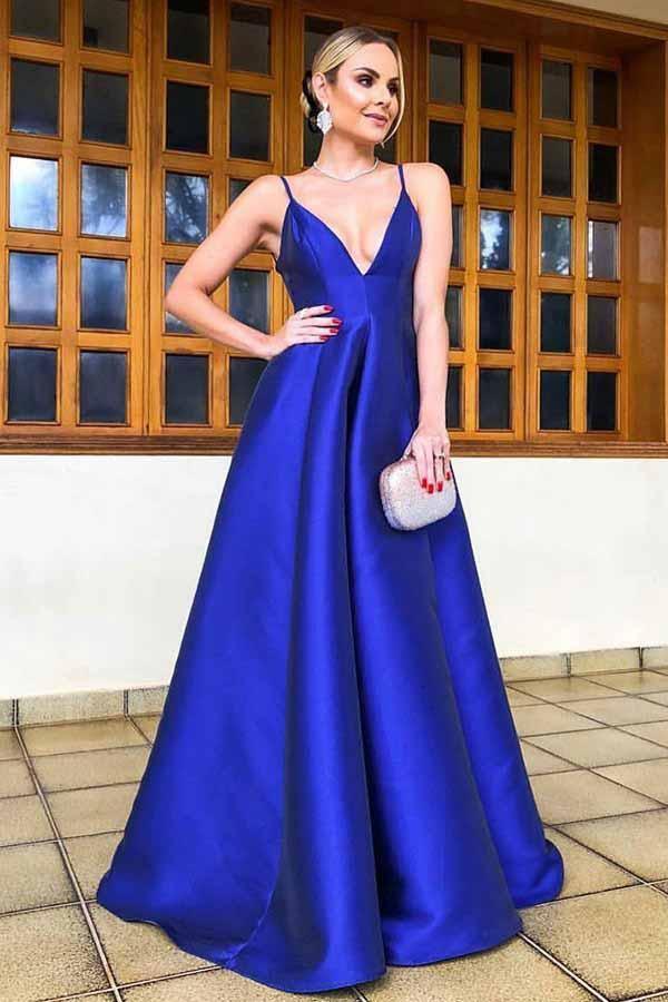 A-Line Spaghetti Straps Floor Length Royal Blue Satin Prom Dress PG740 - Pgmdress