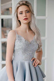 A-Line Spaghetti Straps Grey Satin Homecoming Dress with Appliques PD027 - Pgmdress