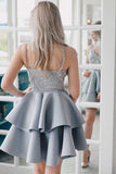 A-Line Spaghetti Straps Grey Satin Homecoming Dress with Appliques PD027 - Pgmdress