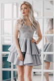 A-Line Spaghetti Straps Grey Satin Homecoming Dress with Appliques  PD027