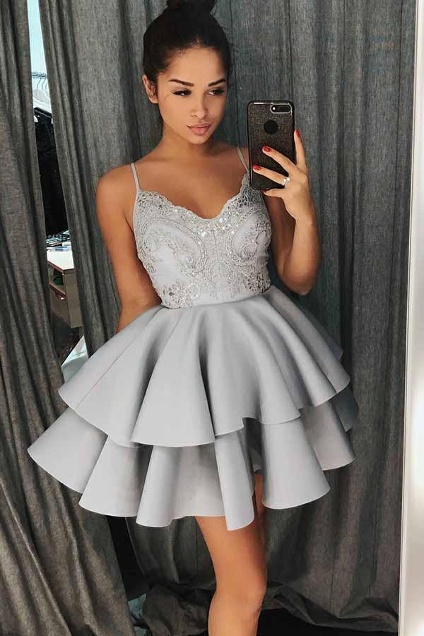 A-Line Spaghetti Straps Grey Satin Homecoming Dress with Lace Beading PD024 - Pgmdress