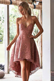 A-Line Spaghetti Straps High Low Blush Lace Homecoming Dress PD002 - Pgmdress