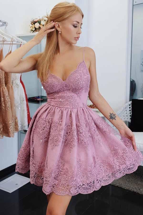 A-Line Spaghetti Straps Homecoming Prom Dress with Appliques PD056 - Pgmdress