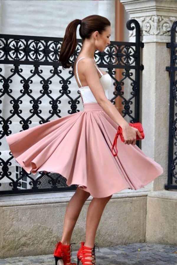 A-Line Spaghetti Straps Knee-Length Blush Homecoming Dress with Pleats PD214 - Pgmdress